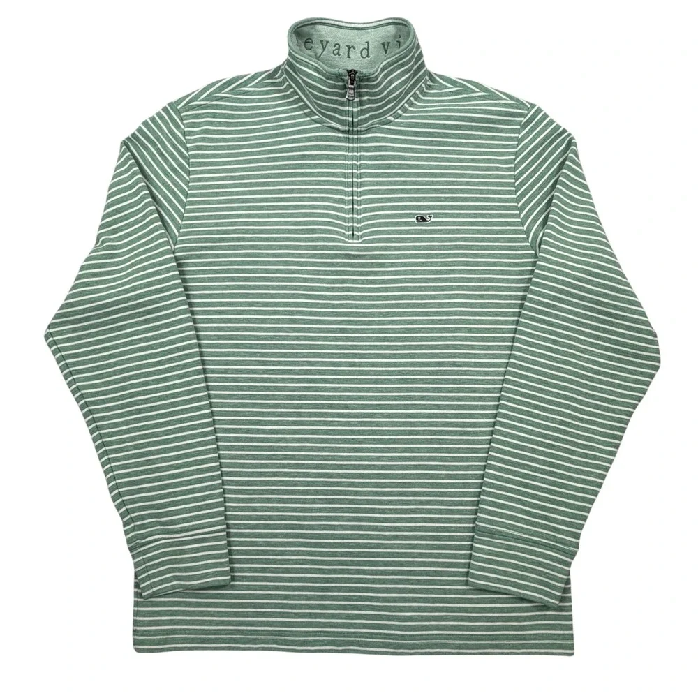 Vineyard Vines Mens M Saltwater Quarter Zip Pullover Starboard Green Stripe EUC
